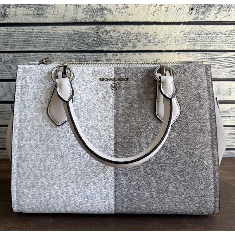 Michael Kors Two Tone Grey White MK Monogram Logo Satchel Bag Silver Hardware